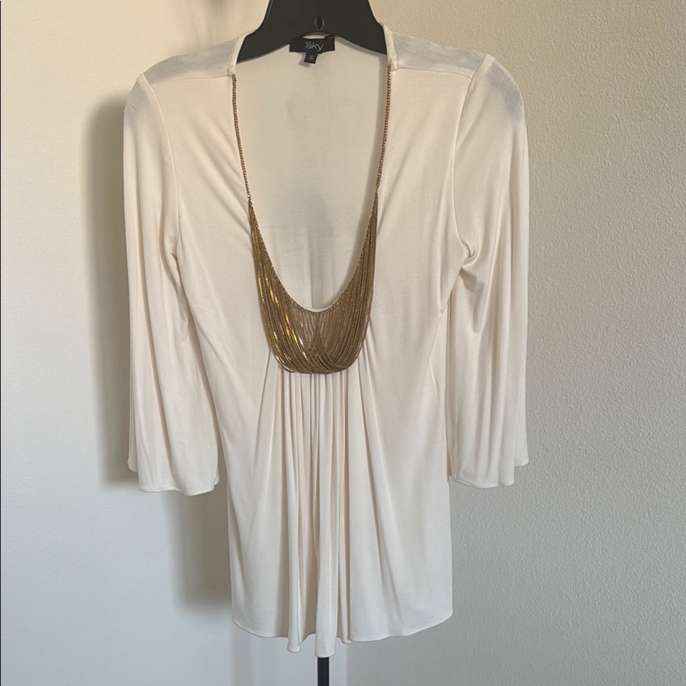 Sky Brand Cream and Gold Chain Embellished Bell Sleeve Top Size S (EUC)
